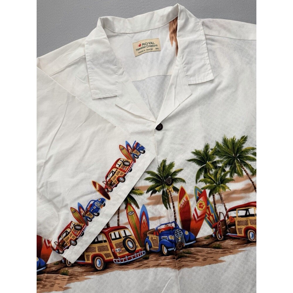 Royal Hawaiian Creations 3XL Hawaiian Surf Car Beach Shirt White Made Hawaii